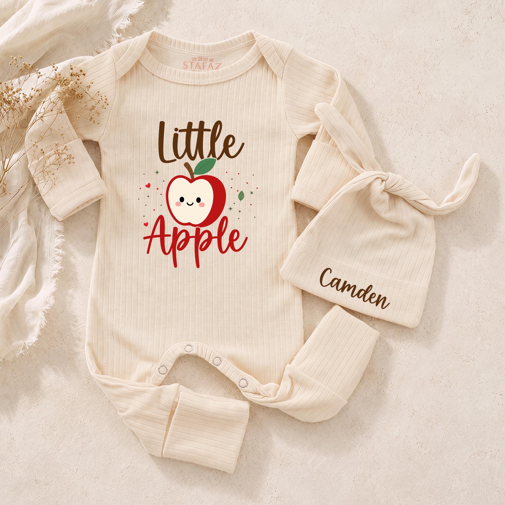 Little Apple Baby Bodysuit with Cute Apple Graphic and Custom Name Hat, Newborn Coming Home Outfit and Baby Shower Gift