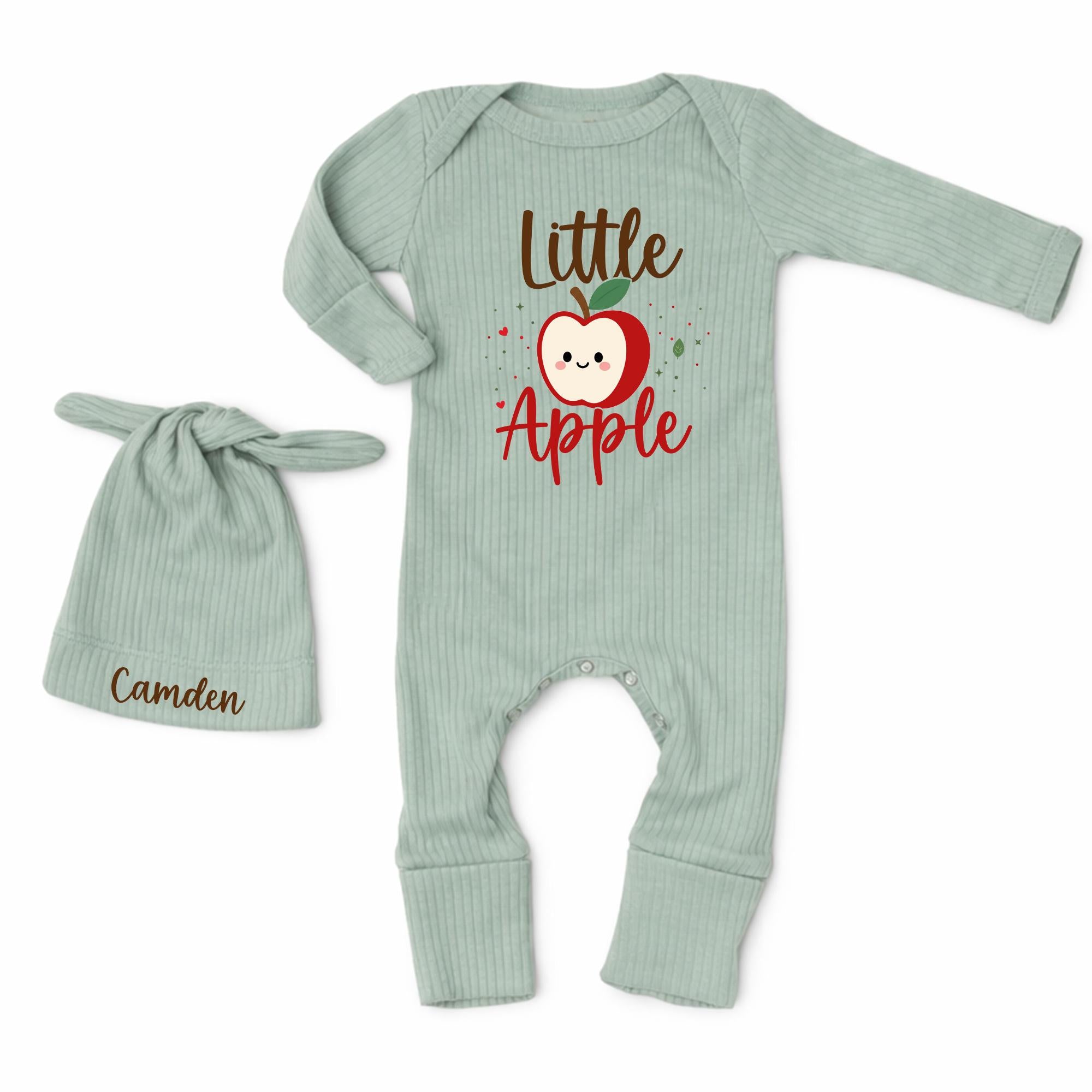 Little Apple Baby Bodysuit with Cute Apple Graphic and Custom Name Hat, Newborn Coming Home Outfit and Baby Shower Gift