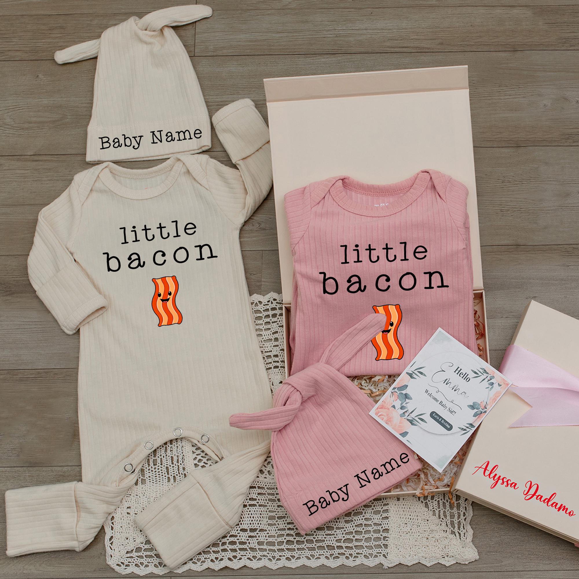 Little Bacon Baby Bodysuit and Hat Set with Custom Name, Funny Newborn Outfit, Ribbed Cotton Romper for Baby Shower Gift