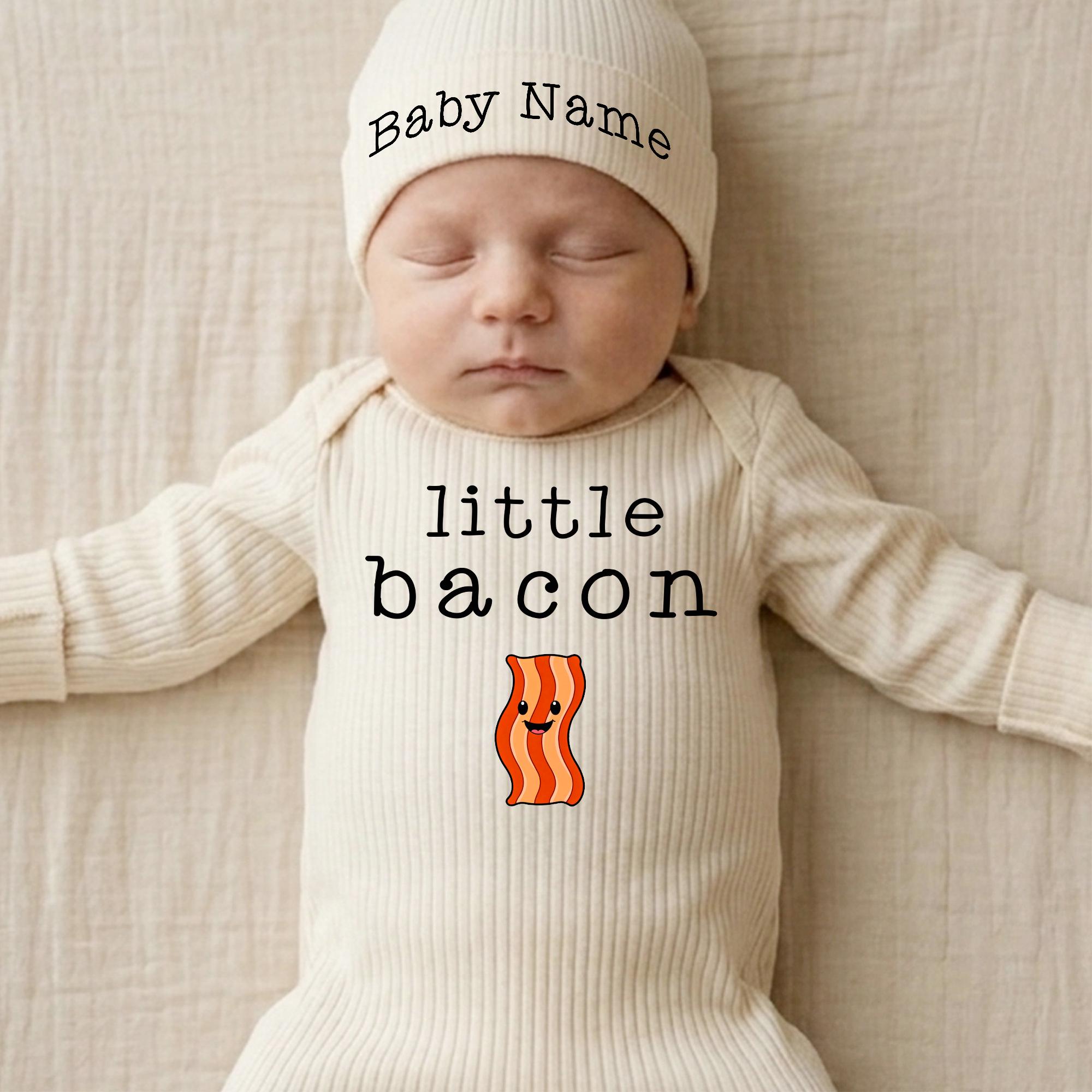 Little Bacon Baby Bodysuit and Hat Set with Custom Name, Funny Newborn Outfit, Ribbed Cotton Romper for Baby Shower Gift