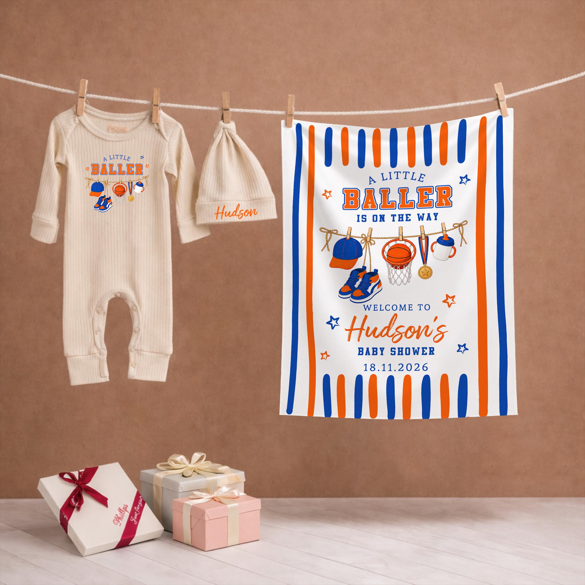 A Little Baller Baby Shower Silk Banner with Basketball Theme, Custom Name & Date, Sports Decor for Boys in Orange & Blue