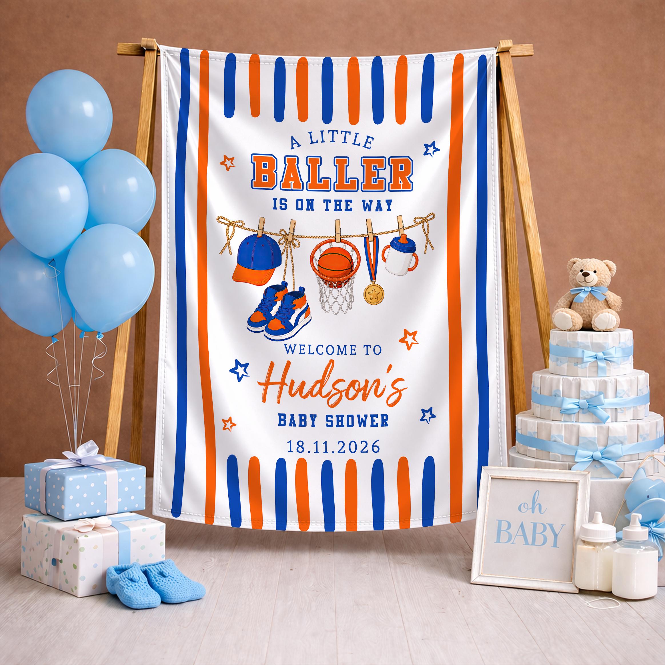 A Little Baller Baby Shower Silk Banner with Basketball Theme, Custom Name & Date, Sports Decor for Boys in Orange & Blue