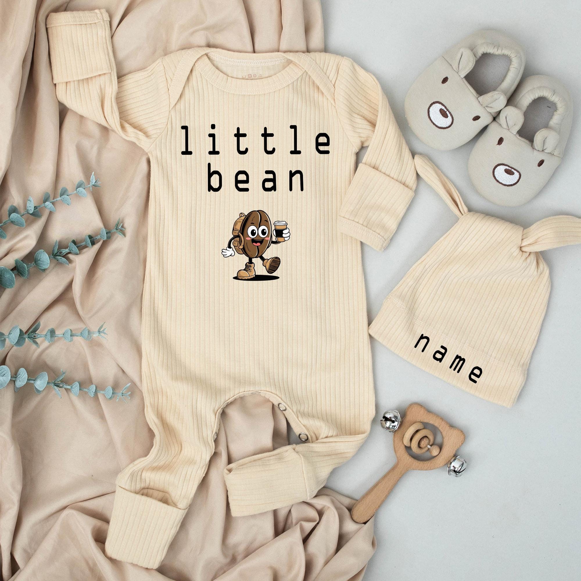 Little Bean Baby Bodysuit and Hat Set with Custom Name Coffee-Themed Design Unisex Newborn Outfit Cute Keepsake Gift for Boys or Girls