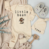 Little Bean Baby Bodysuit and Hat Set with Custom Name Coffee-Themed Design Unisex Newborn Outfit Cute Keepsake Gift for Boys or Girls