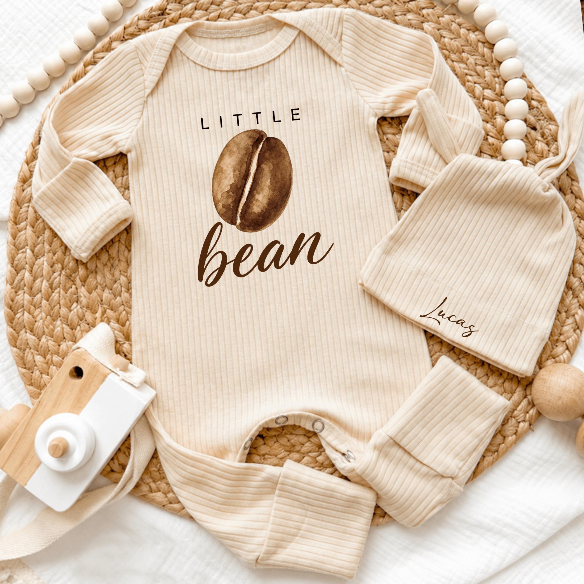 Little Bean Coffee-Themed Baby Bodysuit and Hat Set with Custom Name, Neutral Newborn Coming Home Outfit for Coffee Lover Parents
