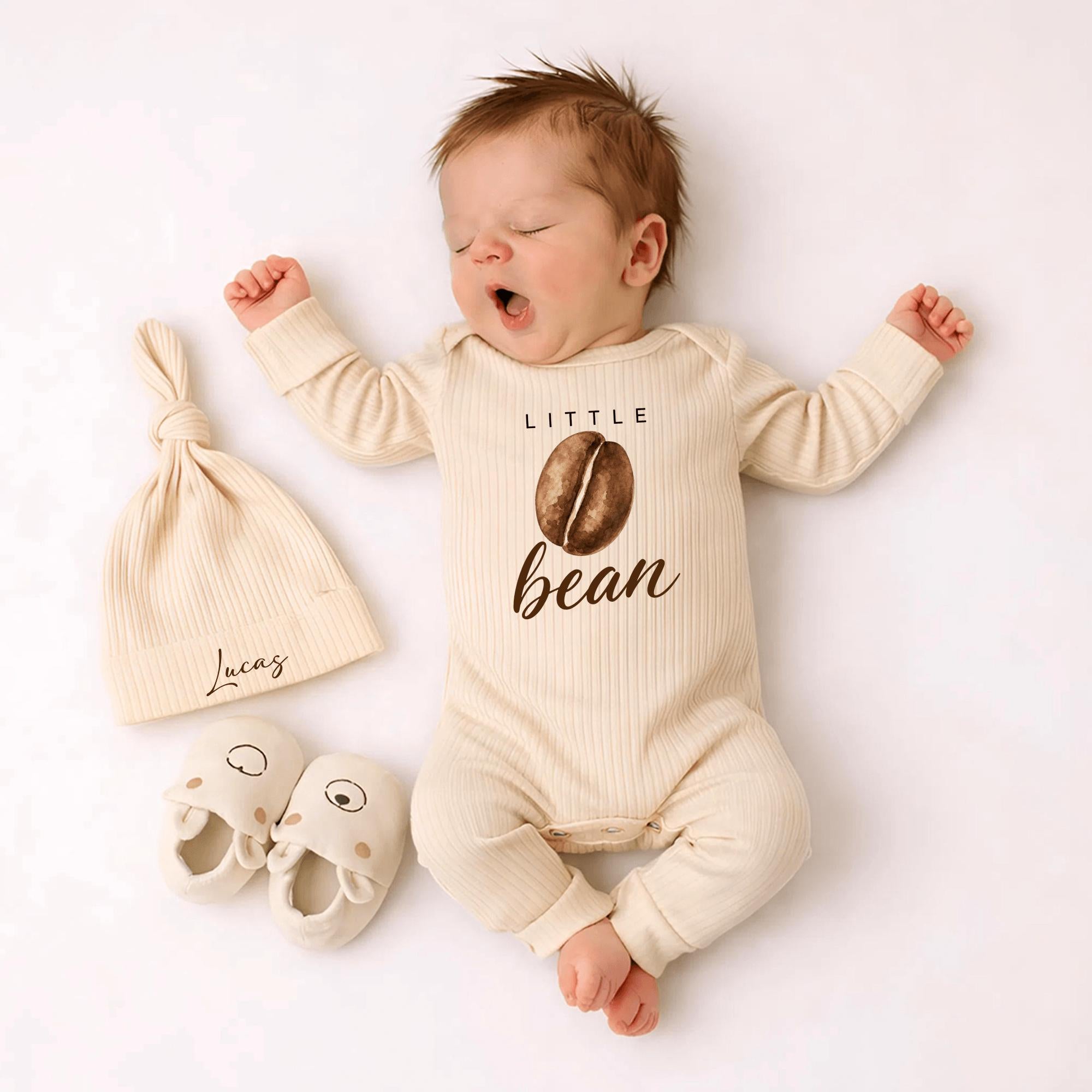 Little Bean Coffee-Themed Baby Bodysuit and Hat Set with Custom Name, Neutral Newborn Coming Home Outfit for Coffee Lover Parents