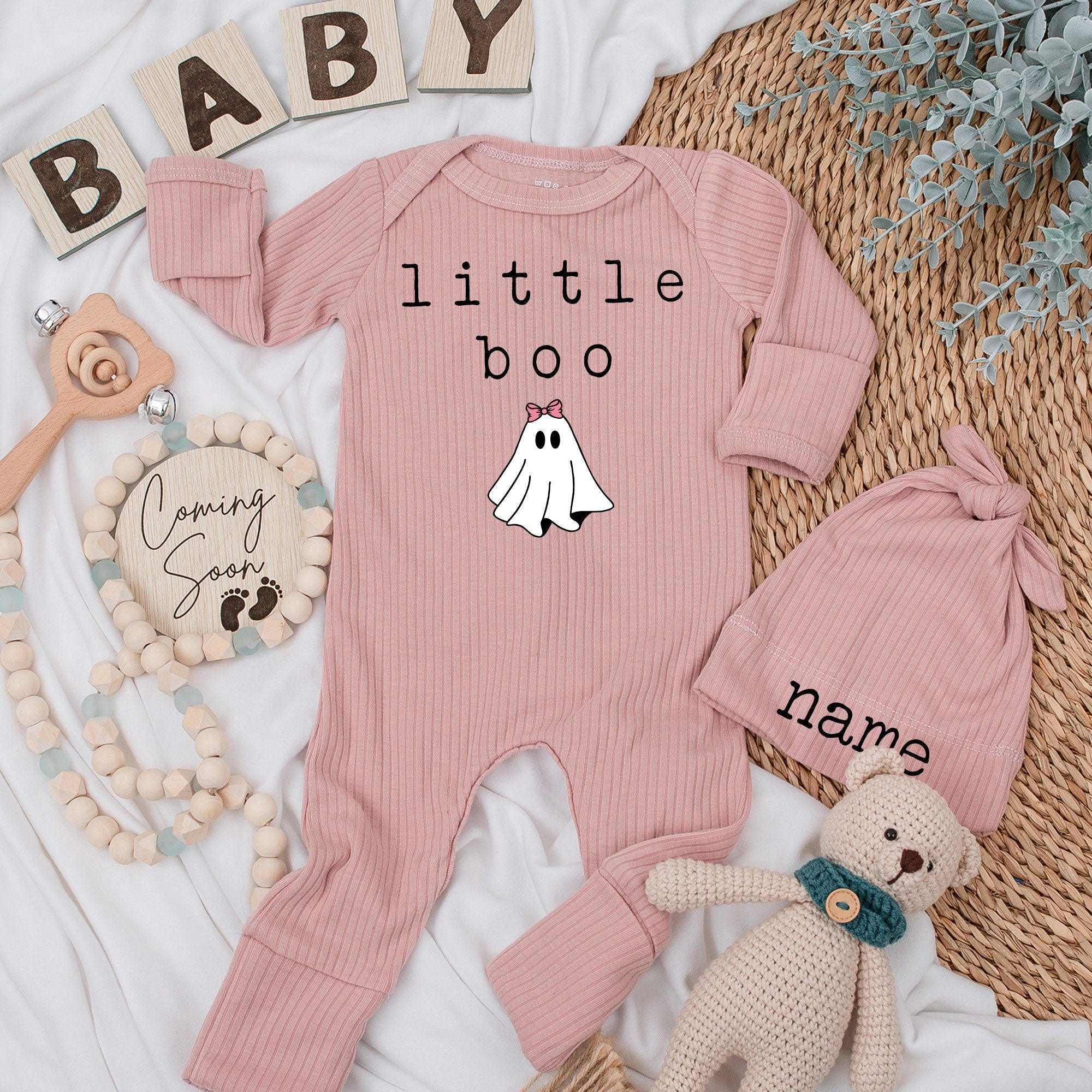 Little Boo Baby Bodysuit and Hat Set with Pink Bow Ghost Design Halloween Fall Outfit Personalized Name Adorable Infant Gift