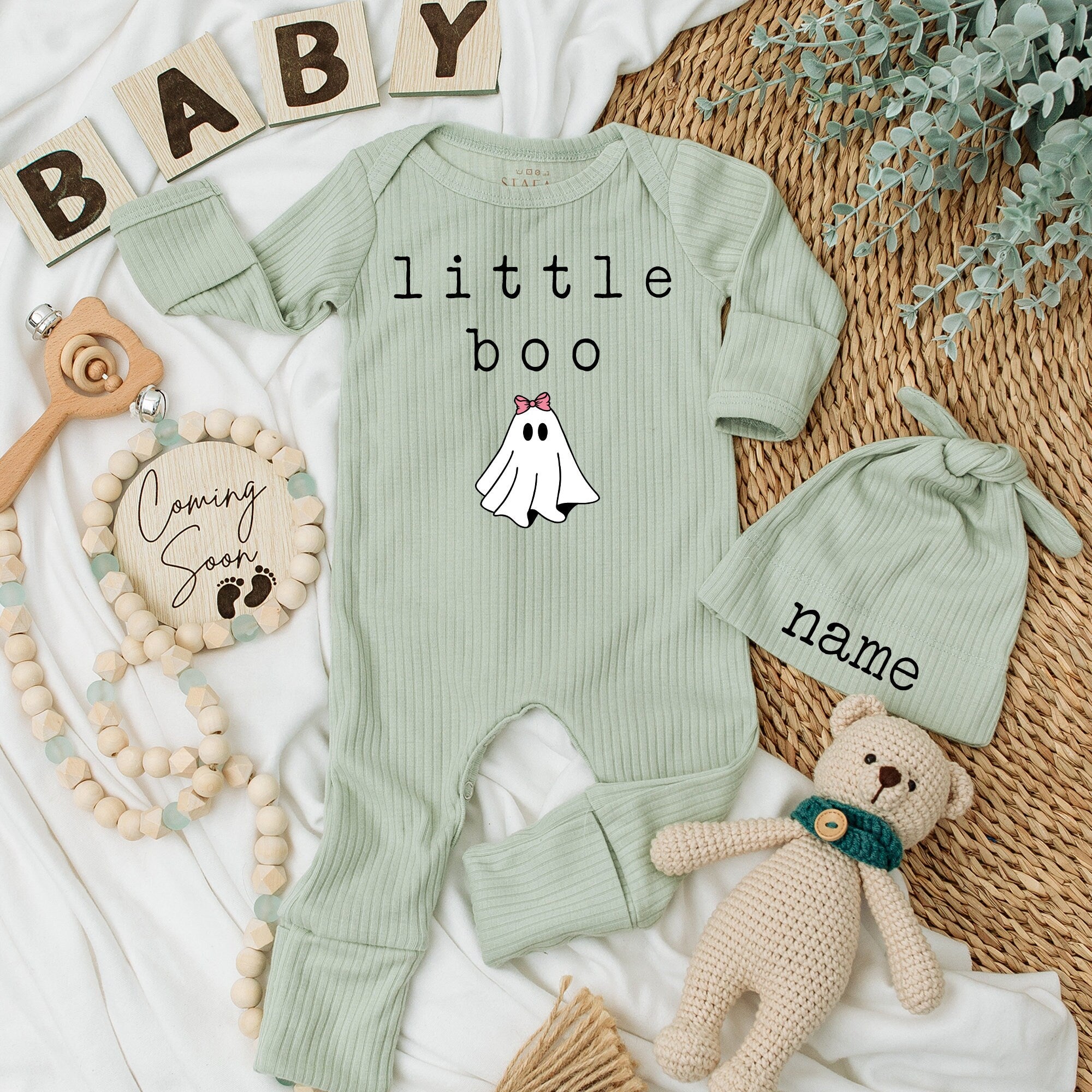 Little Boo Baby Bodysuit and Hat Set with Pink Bow Ghost Design Halloween Fall Outfit Personalized Name Adorable Infant Gift
