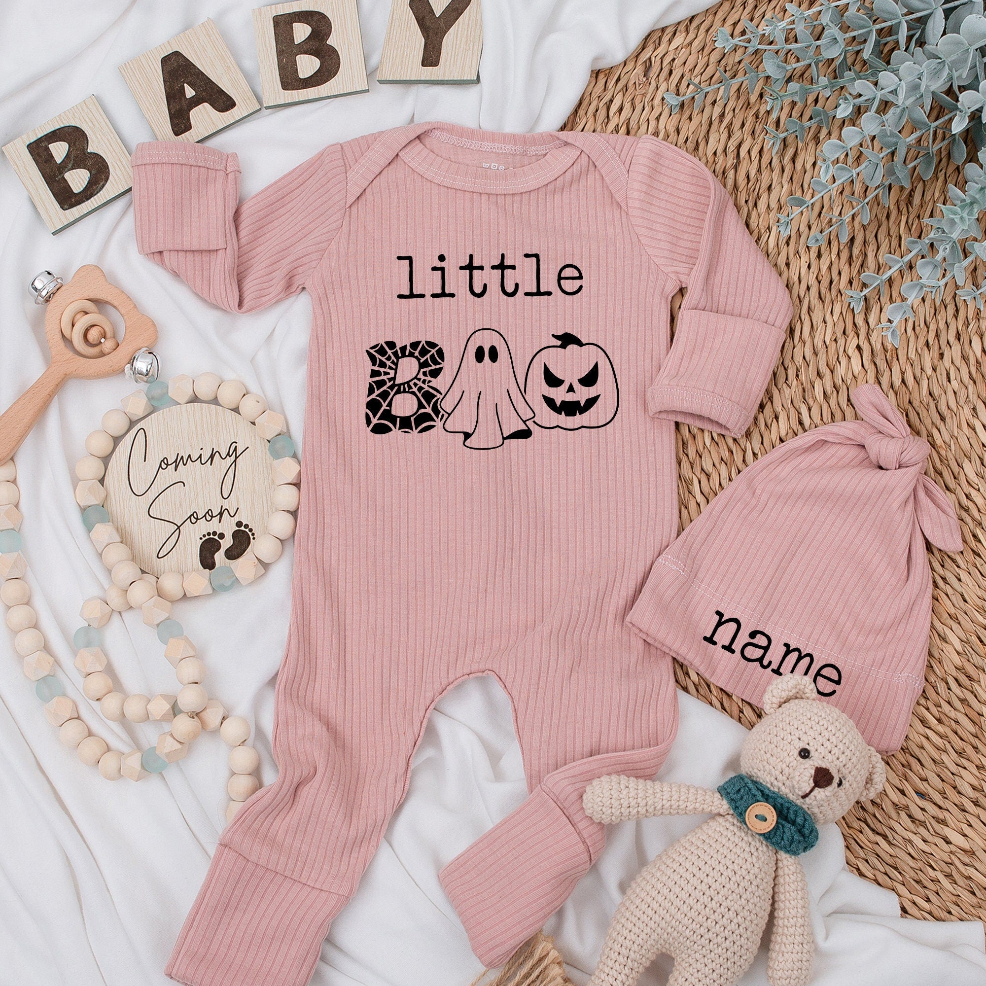 Little Boo Halloween Baby Bodysuit Set with Hat Custom Name for First Thanksgiving or Gender Reveal Soft Cotton Festive Outfit