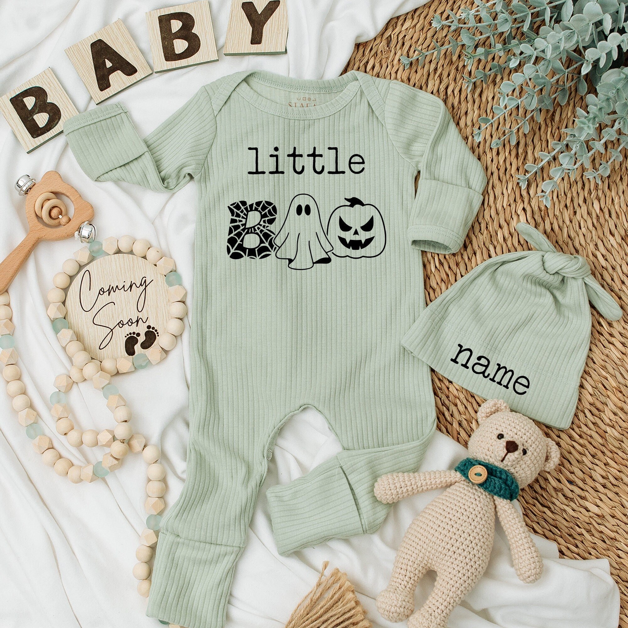 Little Boo Halloween Baby Bodysuit Set with Hat Custom Name for First Thanksgiving or Gender Reveal Soft Cotton Festive Outfit