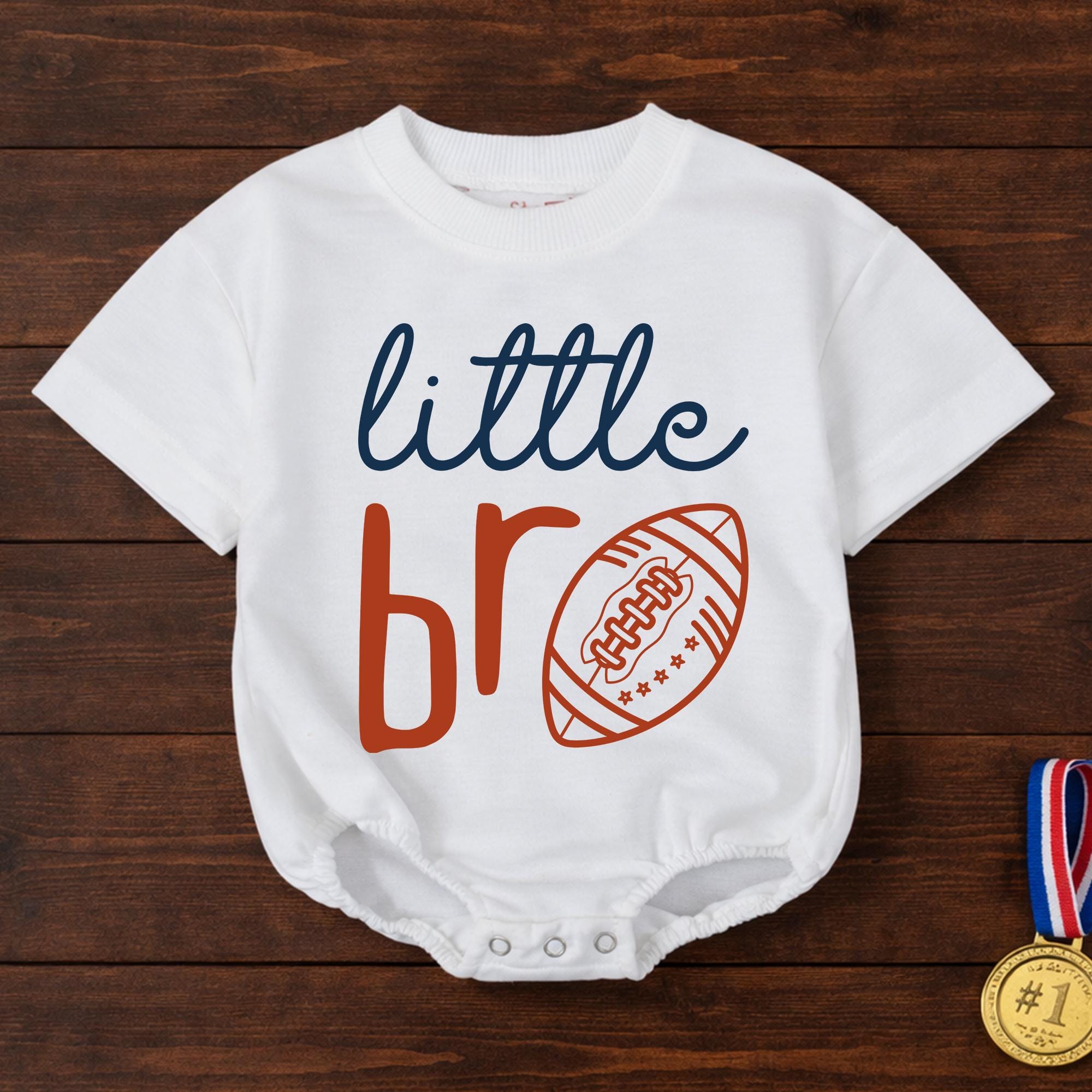 Little Bro Football Baby Romper with Sports Graphic, Game Day Outfit for Baby Boys, Cute Sibling Matching Clothes