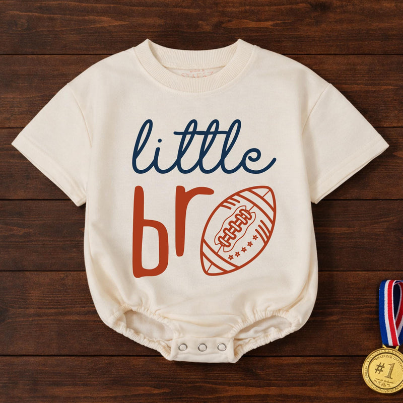 Little Bro Football Baby Romper with Sports Graphic, Game Day Outfit for Baby Boys, Cute Sibling Matching Clothes