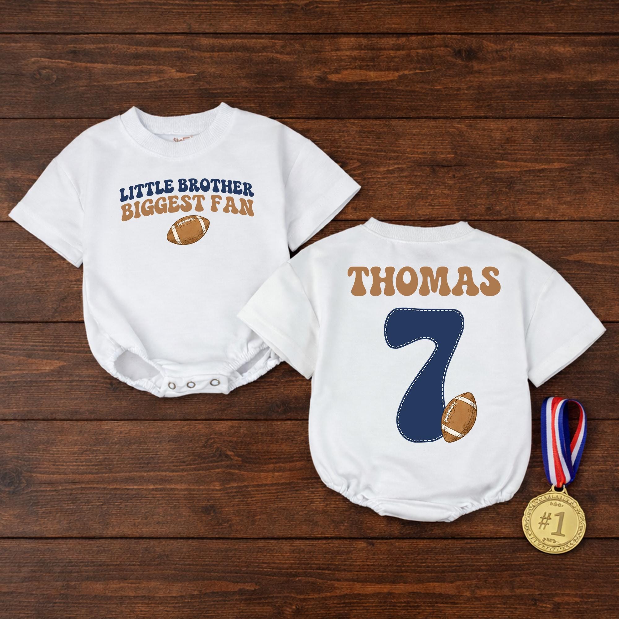 Little Brother Biggest Fan Football Baby Romper with Custom Name and Number, Retro Sports Infant Outfit for Game Day