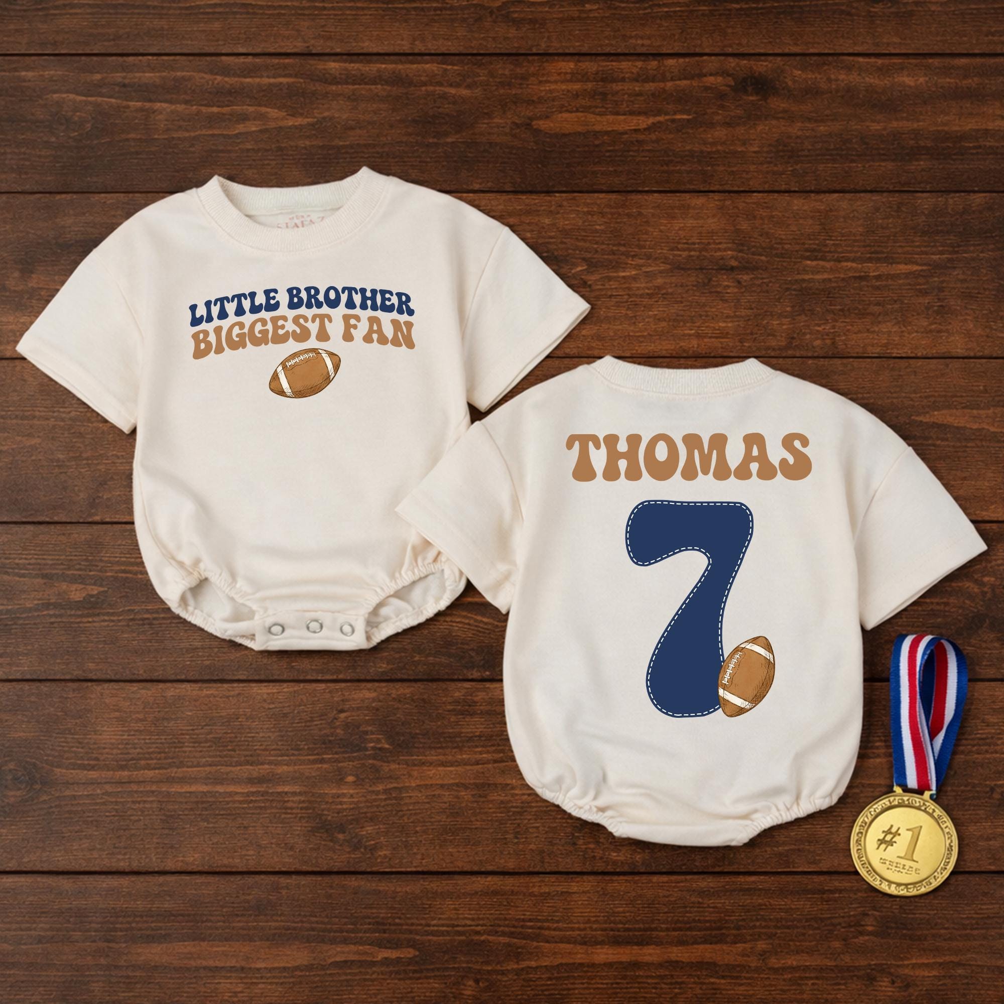 Little Brother Biggest Fan Football Baby Romper with Custom Name and Number, Retro Sports Infant Outfit for Game Day