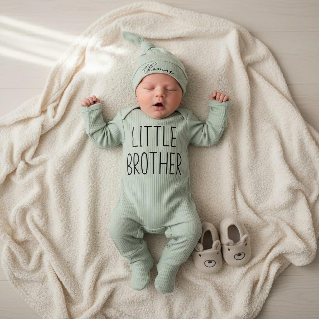 Little Brother Coming Home Outfit Personalized Baby Boy Bodysuit with Hat Sage Green Minimalist Design Soft Cotton Infant Gift Set