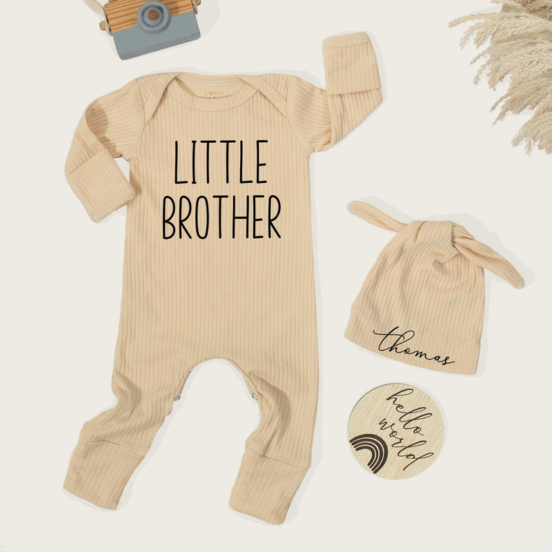 Personalized Little Brother Coming Home Outfit for Baby Boy, Soft Cotton Long Sleeve Romper with Hat, Newborn Gift Set for Hospital Arrival