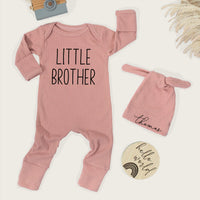 Personalized Little Brother Coming Home Outfit for Baby Boy, Soft Cotton Long Sleeve Romper with Hat, Newborn Gift Set for Hospital Arrival