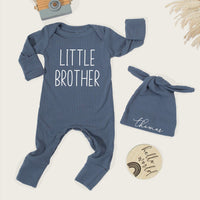 Personalized Little Brother Coming Home Outfit for Baby Boy, Soft Cotton Long Sleeve Romper with Hat, Newborn Gift Set for Hospital Arrival