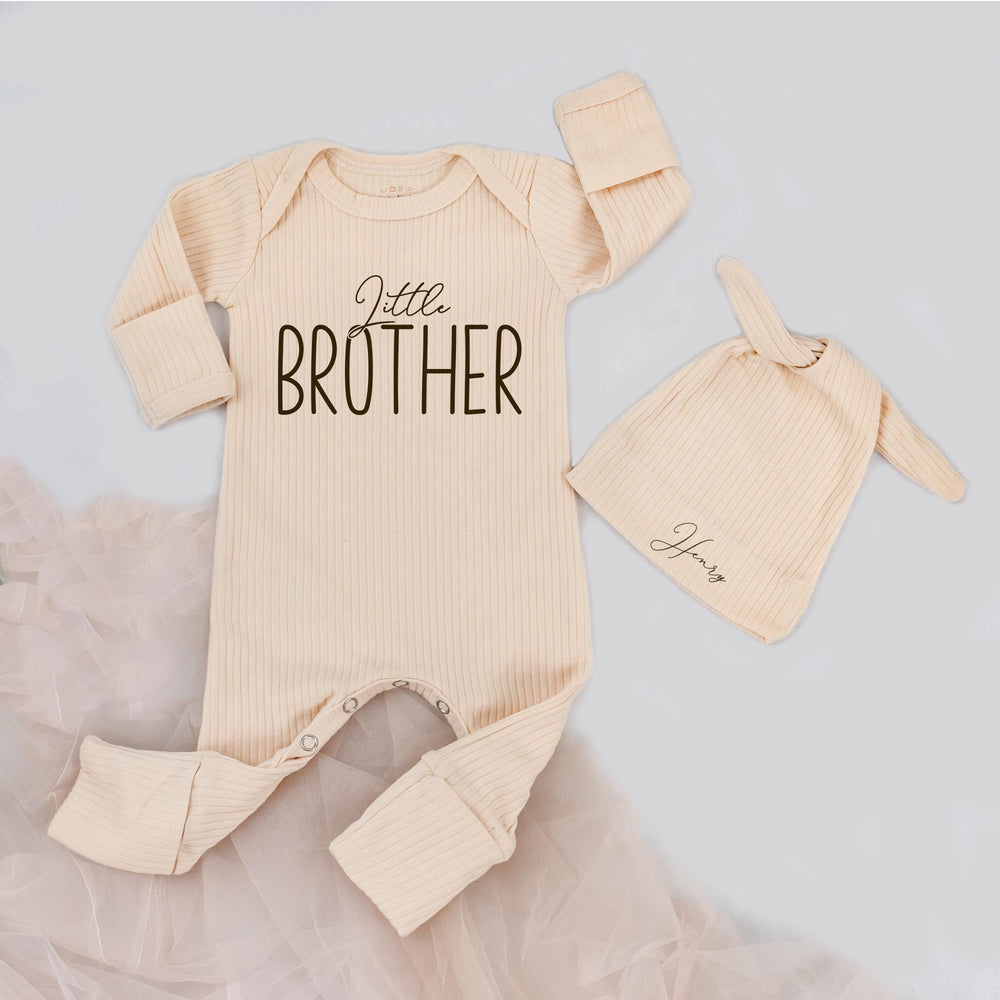 Little Brother Newborn Bodysuit and Hat Set with Custom Name Henry, Baby Boy Coming Home Outfit, Infant Shower Gift in Minimalist Blue Design