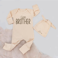 Little Brother Newborn Bodysuit and Hat Set with Custom Name Henry, Baby Boy Coming Home Outfit, Infant Shower Gift in Minimalist Blue Design