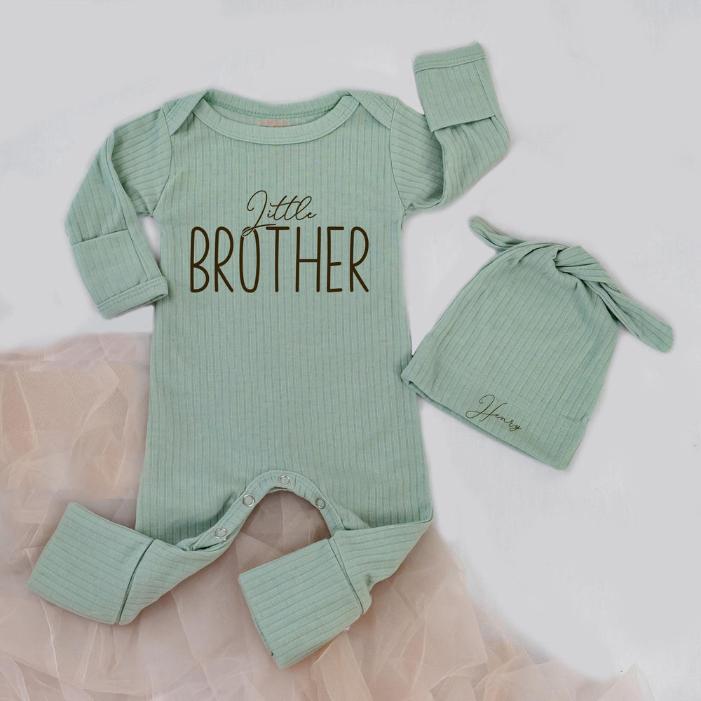 Little Brother Newborn Bodysuit and Hat Set with Custom Name Henry, Baby Boy Coming Home Outfit, Infant Shower Gift in Minimalist Blue Design