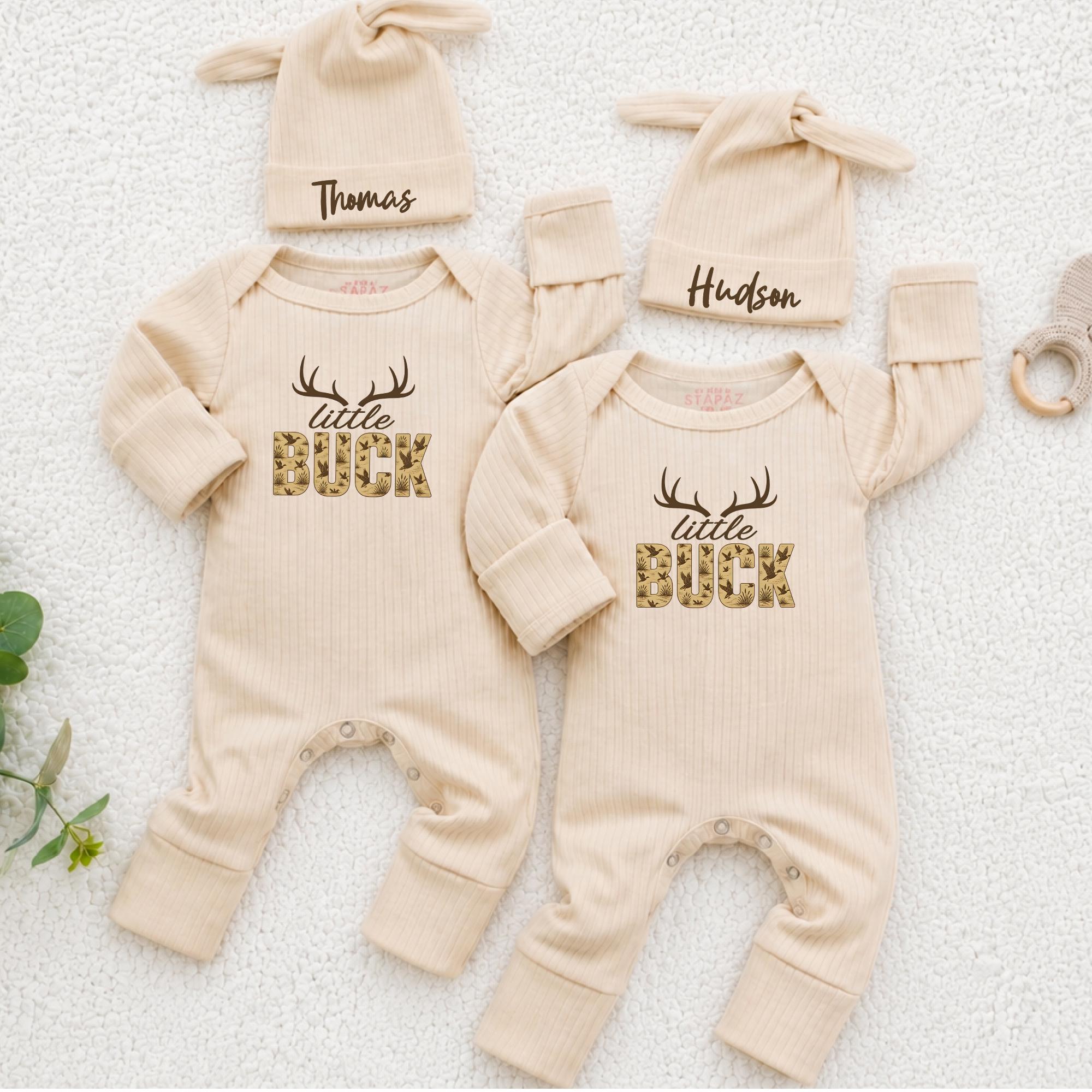 Little Buck Baby Bodysuit with Antler Design and Custom Name Hat, Matching Twin Outfit, Newborn Coming Home or Baby Shower Gift