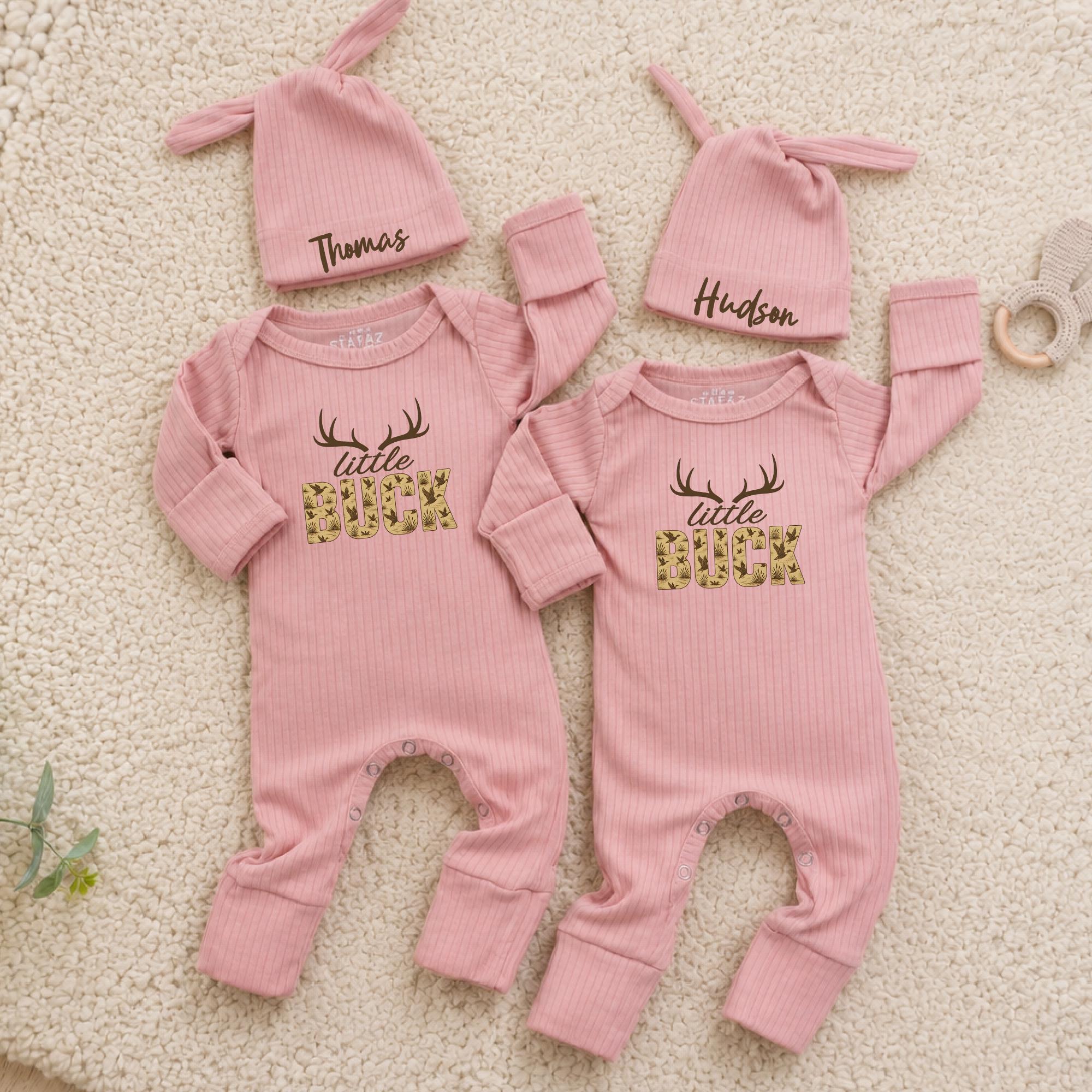 Little Buck Baby Bodysuit with Antler Design and Custom Name Hat, Matching Twin Outfit, Newborn Coming Home or Baby Shower Gift