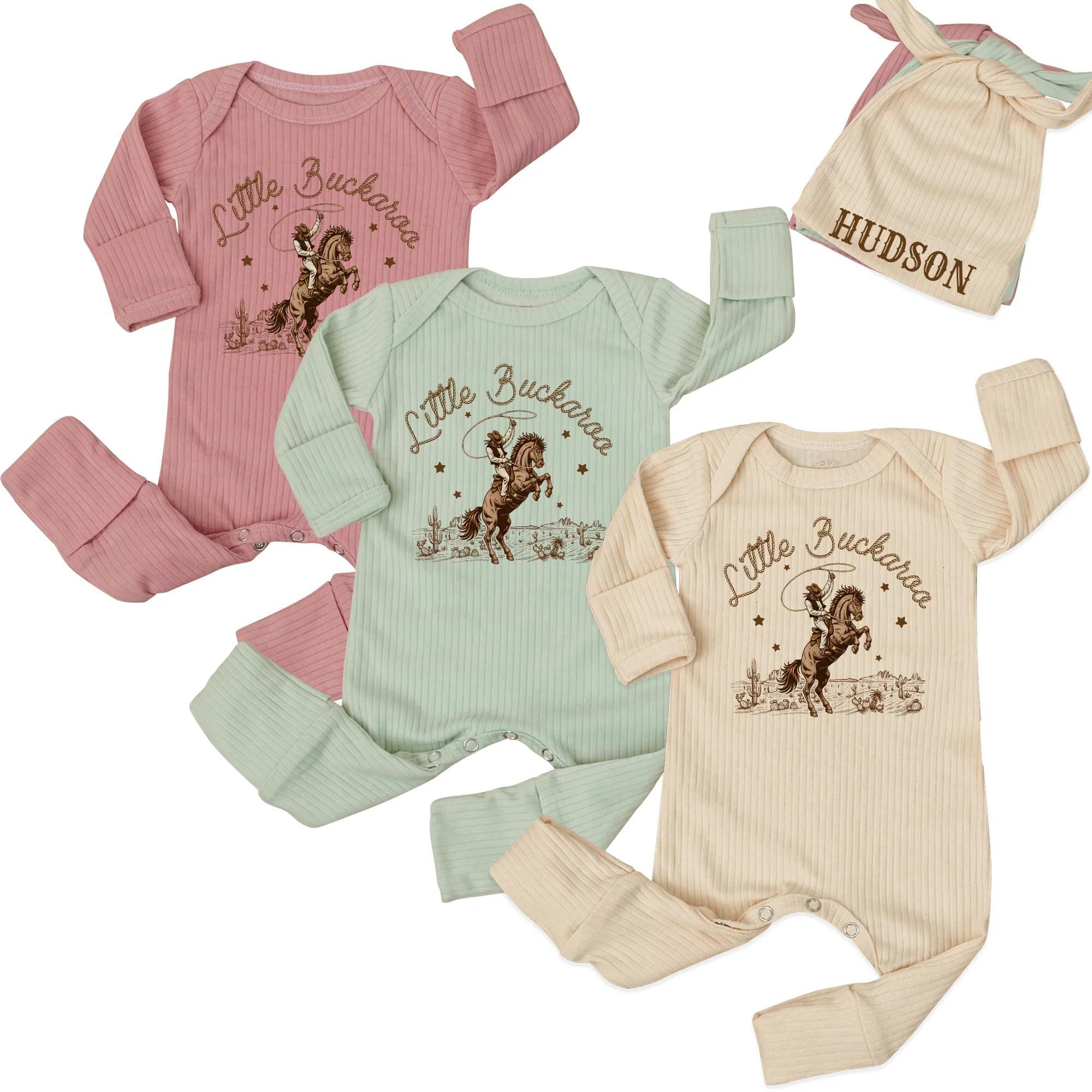 Little Buckaroo Baby Bodysuit with Cowboy Graphic and Custom Name Hat, Western Baby Boy Gift for Shower or Newborn Outfit