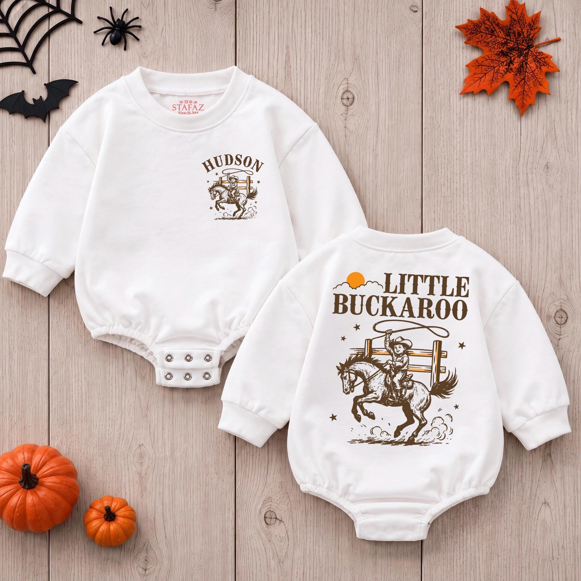 Little Buckaroo Baby Romper with Cowboy Graphic and Custom Name, Western Infant Outfit for Fall Photos or Baby Shower Gift