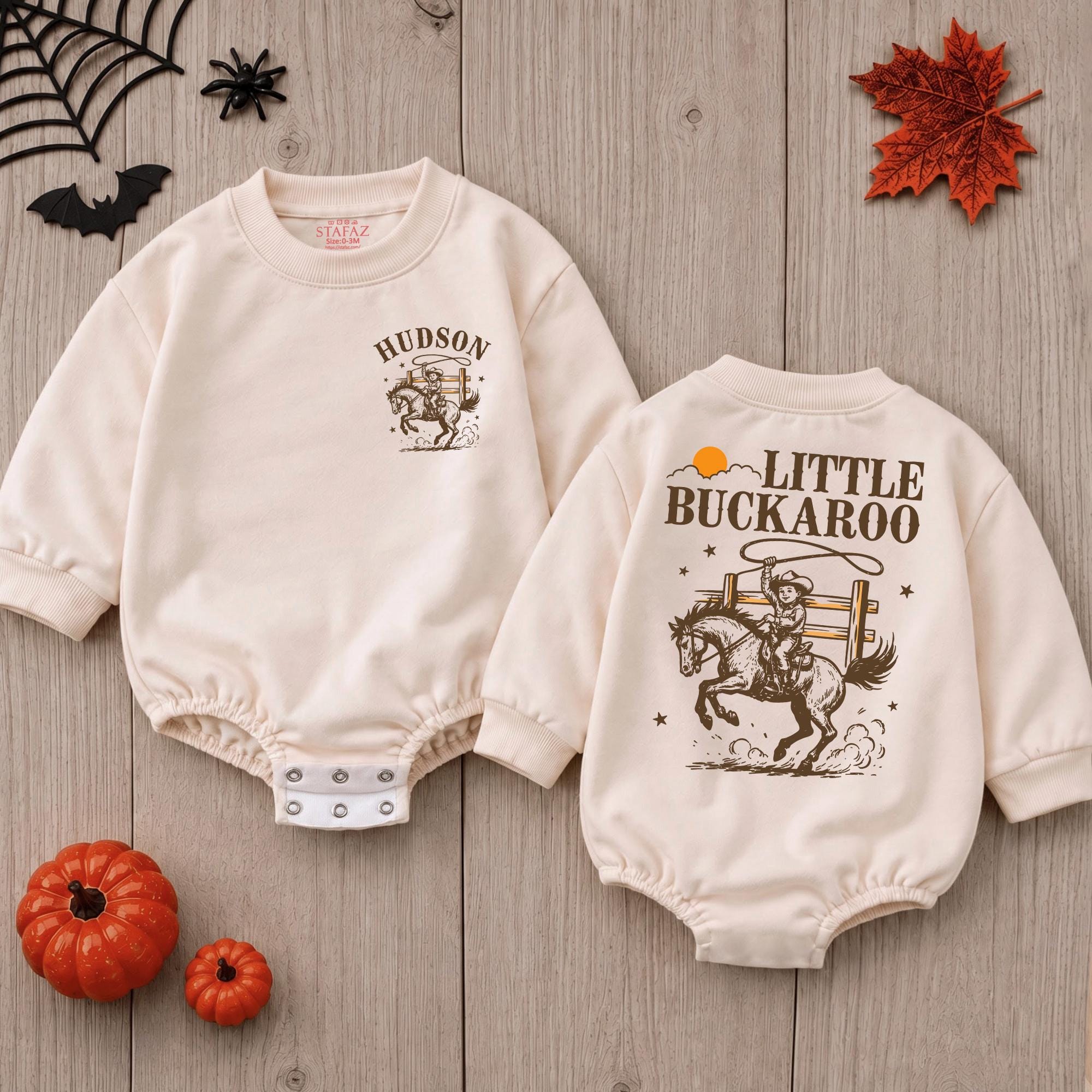 Little Buckaroo Baby Romper with Cowboy Graphic and Custom Name, Western Infant Outfit for Fall Photos or Baby Shower Gift