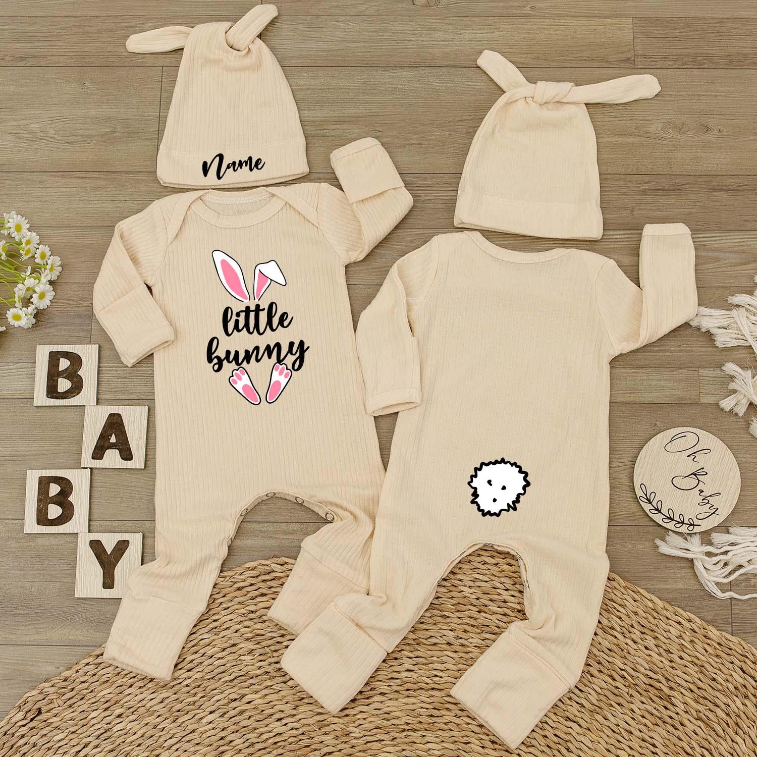 Little Bunny Baby Bodysuit and Hat Set Personalized Easter Outfit Soft Cotton Newborn Gift Pink Whimsical Design First Easter Day