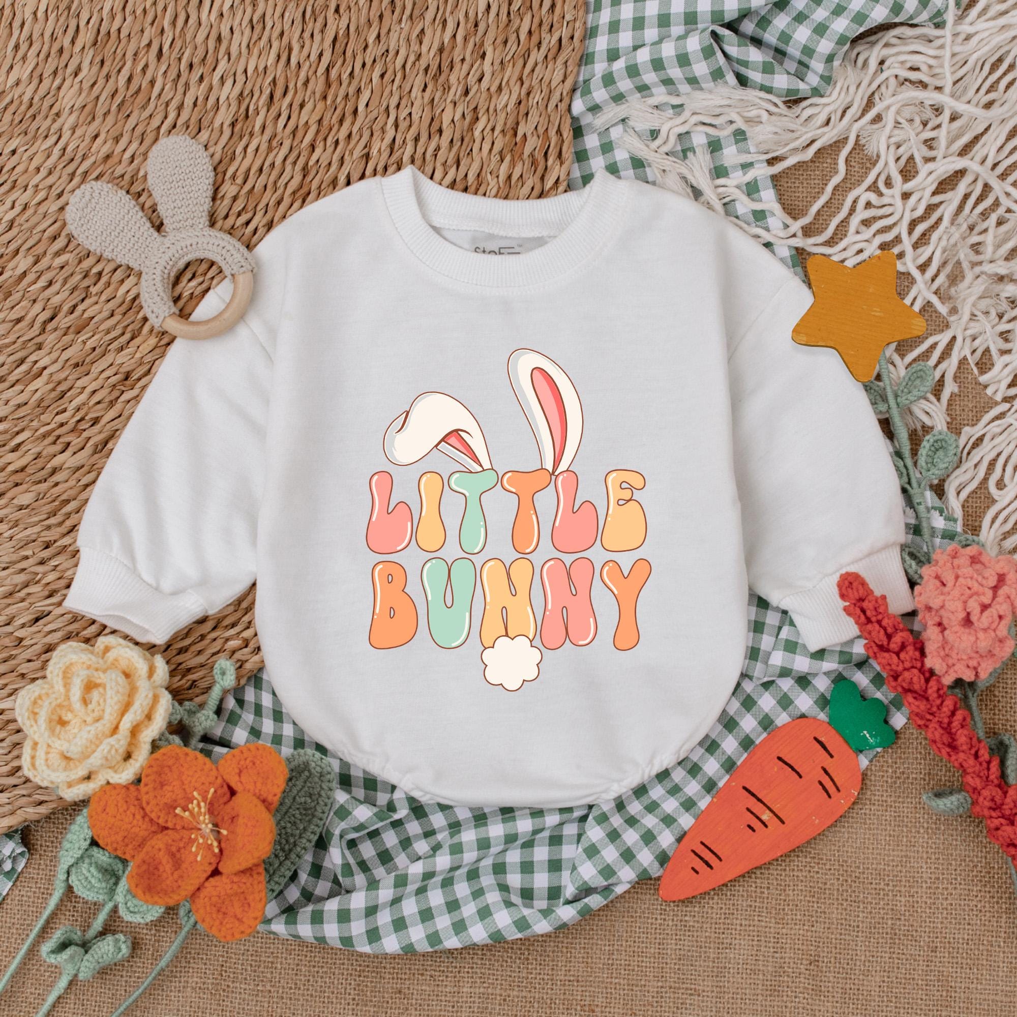Little Bunny Easter Baby Romper with Colorful Pastel Letters Cute Bunny Ears Design First Easter Outfit Baby Girl Clothes Comfortable Gift