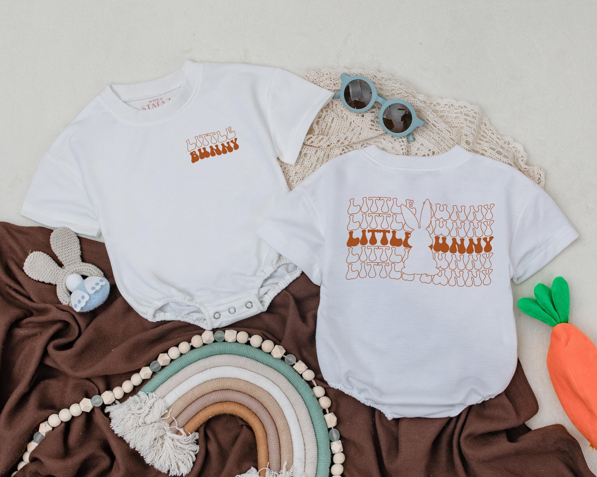 Little Bunny Easter Romper Fun Design Baby Bodysuit Spring Outfit Boy Girl Gift Soft Comfortable Cotton Whimsical Orange Pattern