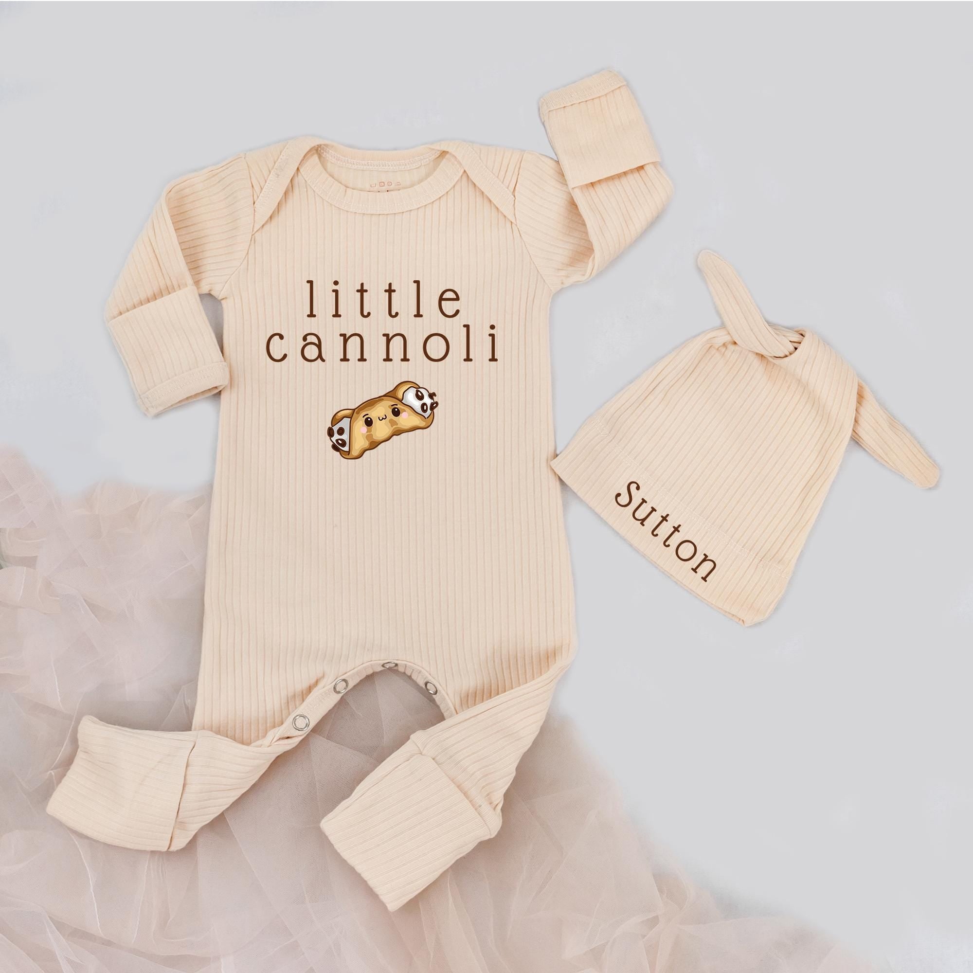 Little Cannoli Baby Bodysuit and Hat Set with Name Sutton, Soft Cotton Coming Home Outfit, Italian Baby Boy Shower Gift, Cute Cannoli Design