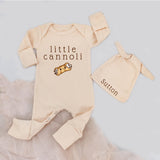 Little Cannoli Baby Bodysuit and Hat Set with Name Sutton, Soft Cotton Coming Home Outfit, Italian Baby Boy Shower Gift, Cute Cannoli Design