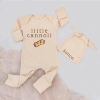 Little Cannoli Baby Bodysuit and Hat Set with Name Sutton, Soft Cotton Coming Home Outfit, Italian Baby Boy Shower Gift, Cute Cannoli Design