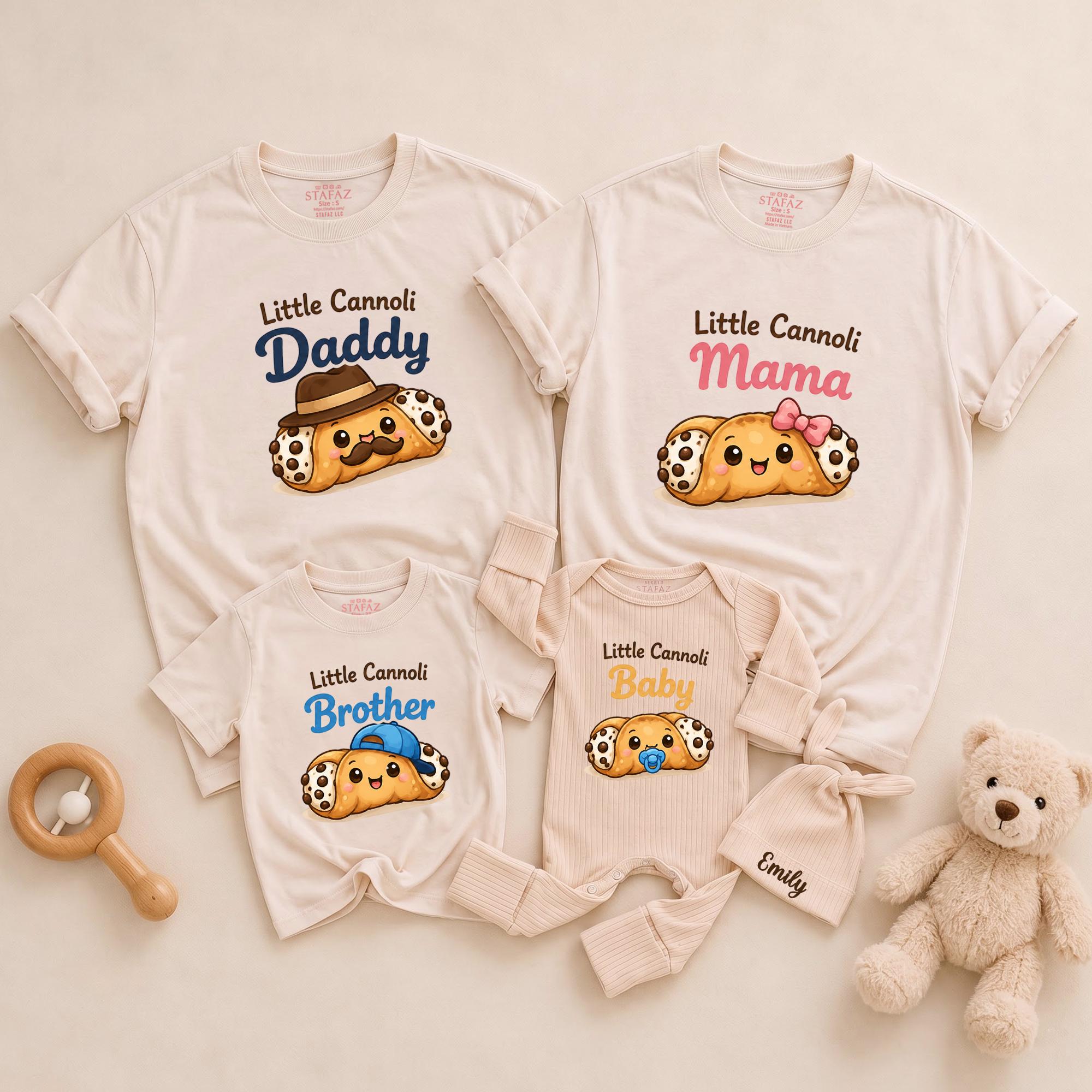 Little Cannoli Family Matching Shirts and Baby Bodysuit with Custom Name Hat, Italian-Themed Newborn Outfit for Baby Shower Gift
