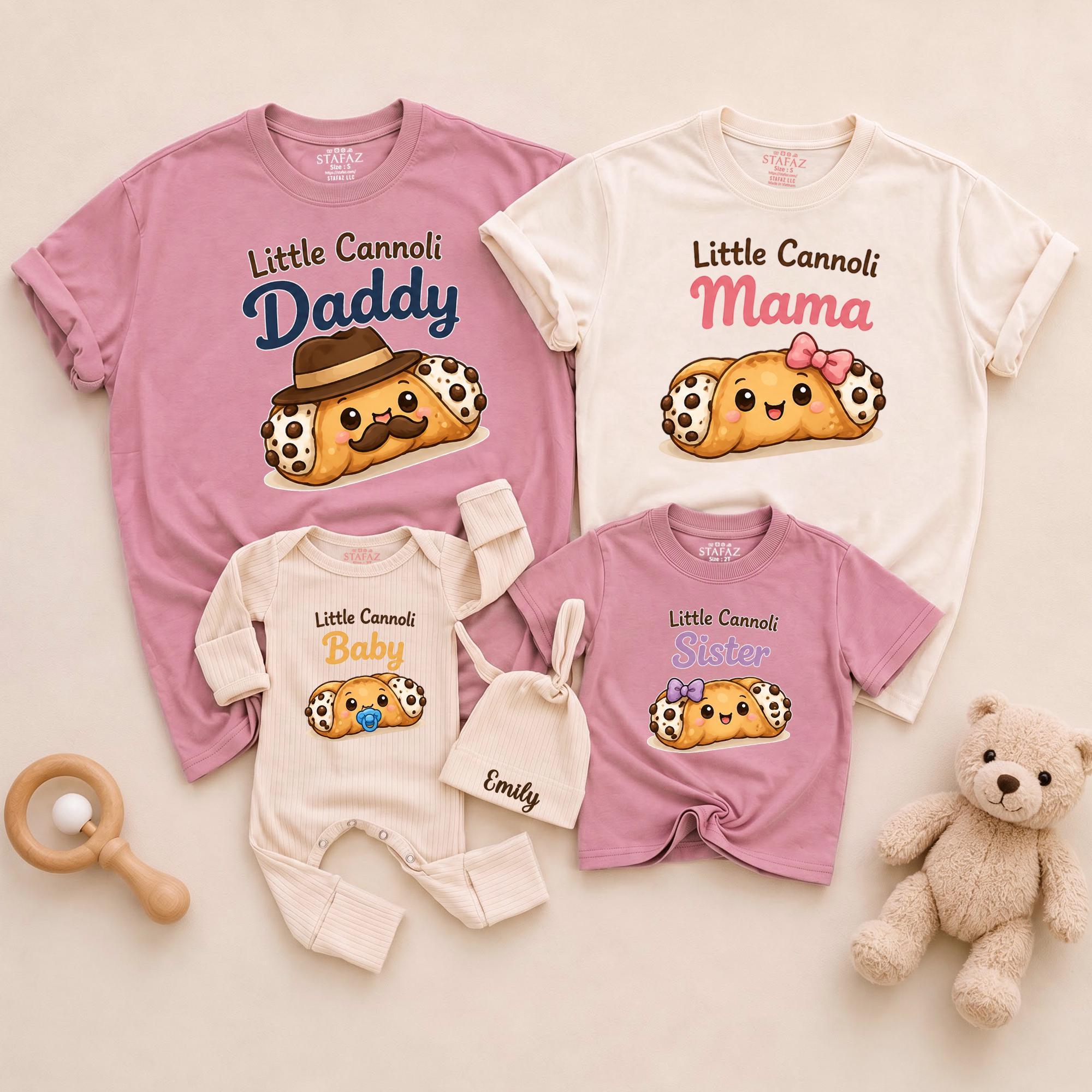 Little Cannoli Family Matching Shirts and Baby Bodysuit with Custom Name Hat, Italian-Themed Newborn Outfit for Baby Shower Gift