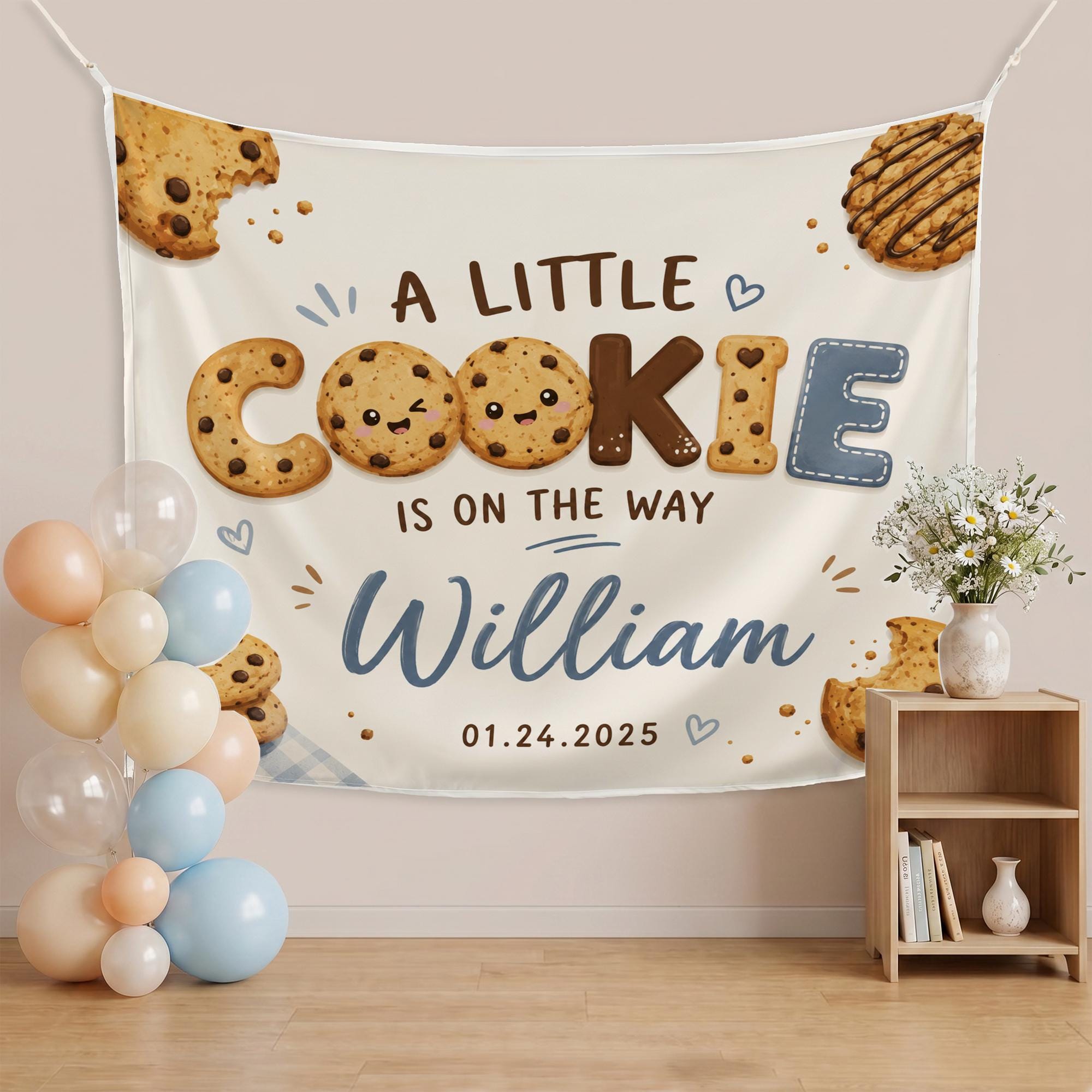 A Little Cookie Is On The Way Baby Shower Banner, Custom Name Silk Backdrop, Chocolate Chip Party Decoration, Photo Booth Background