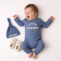 Little Cowboy Baby Bodysuit with Hat Graphic Custom Name Outfit Western Newborn Clothes Rustic Boy Romper Baby Shower Gift Cotton Design