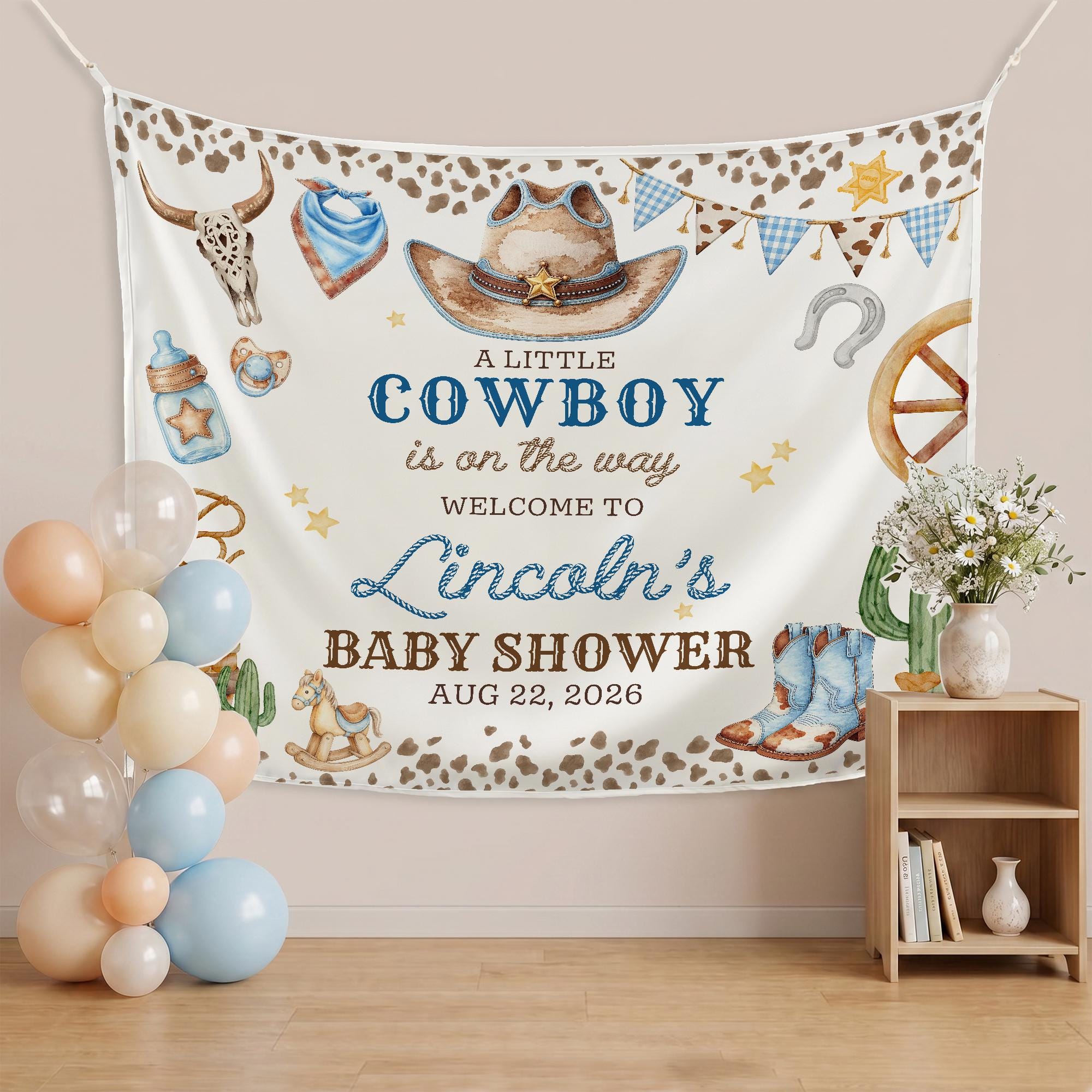 Little Cowboy Baby Shower Banner Personalized Western Theme Backdrop Watercolor Blue and Brown Design Welcome Sign for Boy Party Decor