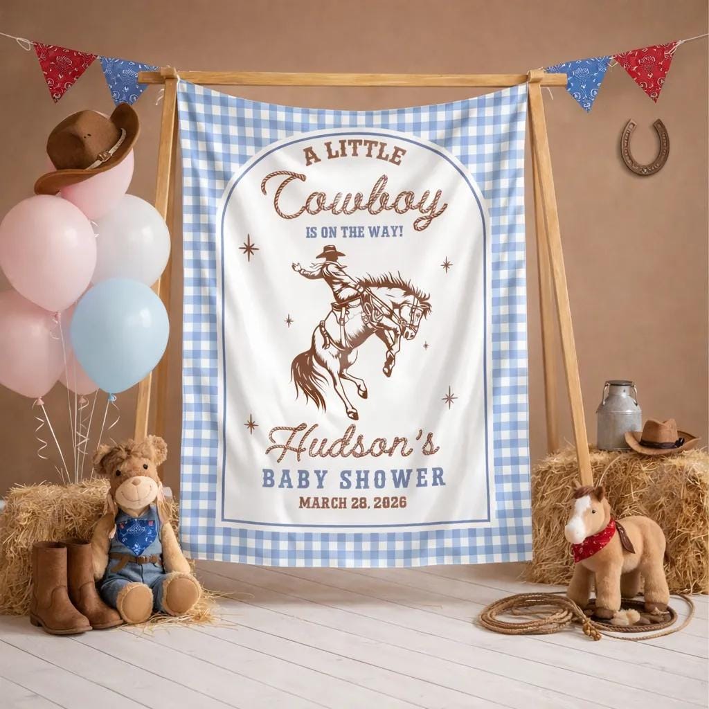 Little Cowboy Baby Shower Welcome Sign with Personalized Western Gingham Backdrop Tapestry, Custom Name and Date Party Decoration