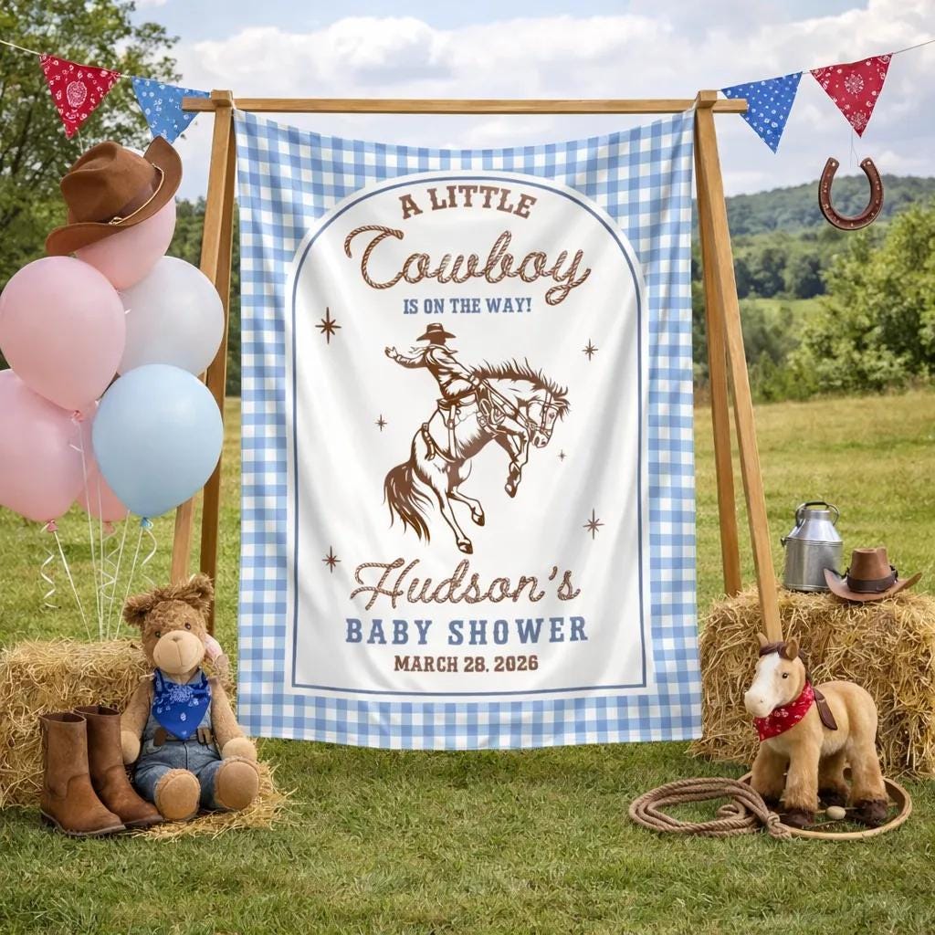 Little Cowboy Baby Shower Welcome Sign with Personalized Western Gingham Backdrop Tapestry, Custom Name and Date Party Decoration
