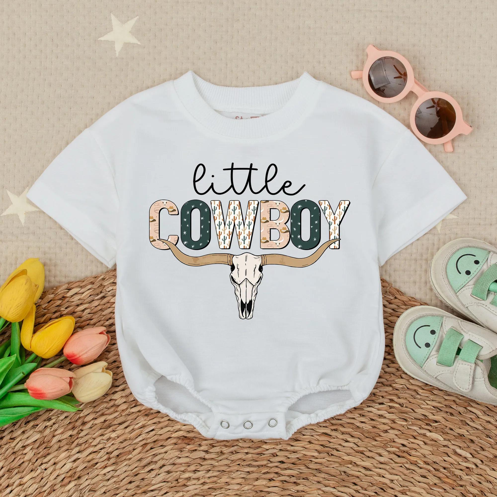 Little Cowboy Bubble Romper with Longhorn Skull and Cactus Design Western Baby Outfit Short Sleeve Neutral Country Baby Shower Gift