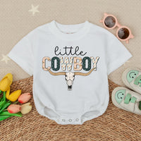 Little Cowboy Bubble Romper with Longhorn Skull and Cactus Design Western Baby Outfit Short Sleeve Neutral Country Baby Shower Gift