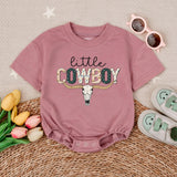 Little Cowboy Bubble Romper with Longhorn Skull and Cactus Design Western Baby Outfit Short Sleeve Neutral Country Baby Shower Gift