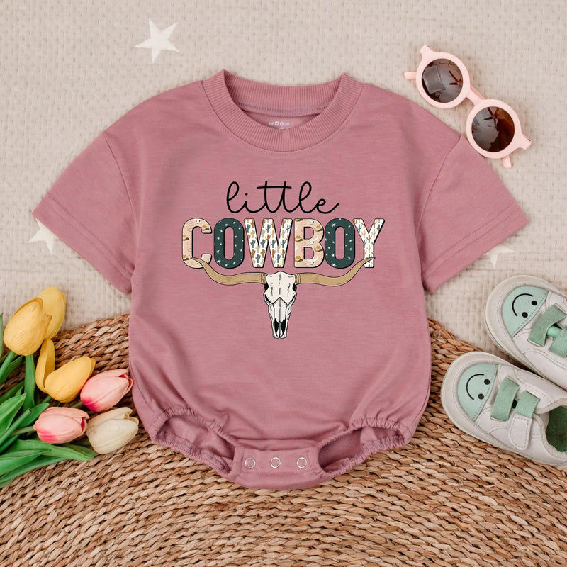 Little Cowboy Bubble Romper with Longhorn Skull and Cactus Design Western Baby Outfit Short Sleeve Neutral Country Baby Shower Gift