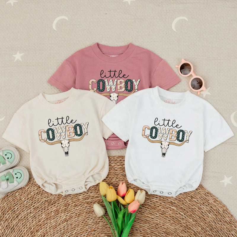Little Cowboy Bubble Romper with Longhorn Skull and Cactus Design Western Baby Outfit Short Sleeve Neutral Country Baby Shower Gift