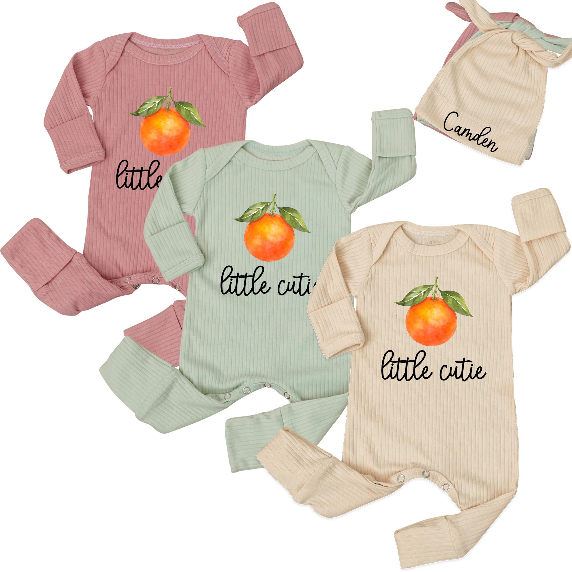 Little Cutie Baby Romper with Orange Graphic and Custom Name Hat, Newborn Outfit for Photos, Baby Shower Gift