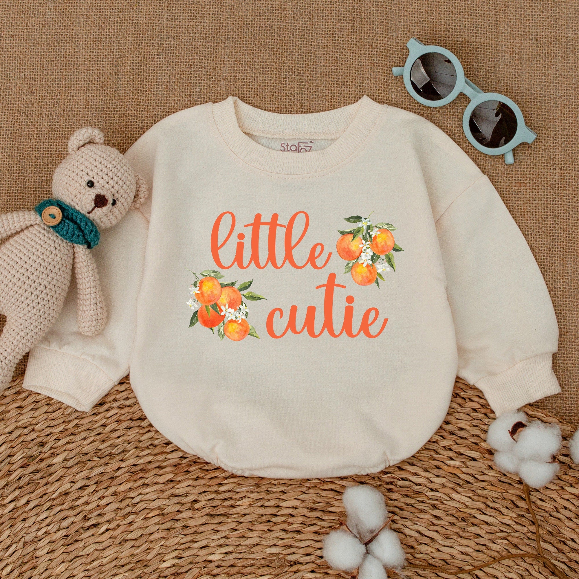 Little Cutie Baby Romper with Orange and Green Design Fruit Bodysuit for Baby Girl Soft Cotton Outfit Perfect New Baby or Shower Gift